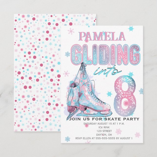 Figura patinando 8º Convite de aniversário (Frente/Verso)