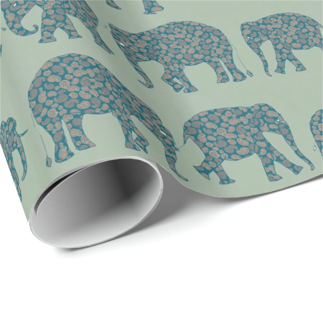 Fileiras de Elefantes Paisley em Papel de Presente (Ponta do rolo)