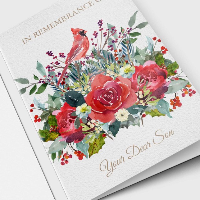 Filho do cartão | da relembrança do Natal caro (Christmas Watercolor Florals and Cardinal 'In Remembrance of Your Dear Son' Sympathy Card)