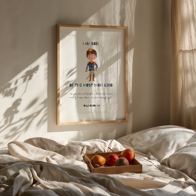Filho do rei Christian Baby Impressão (Framed "Son of the Most High King" Christian nursery print on wall above bed with fruit tray.)