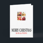 filho e esposa Cartão de Natal Feliz<br><div class="desc">Esta é a temporada para festejar e celebrar:Feliz Natal! Surpreenda seus mais próximos e queridos amigos, colegas de trabalho, vizinhos ou até seu chefe com um cartão especial. Muitos designs diferentes estão disponíveis: de um cartão de fotografia de colagem moderno, mesclando ornamentos e paisagens de inverno, um tema de natais...</div>