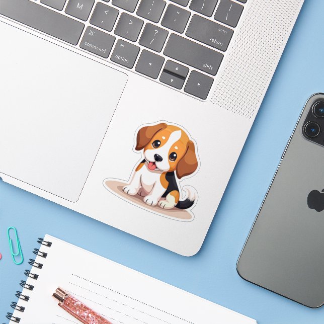 Filhote Feliz de Beagle – Adesivo de Arte Chibi (Notebook com iPhone)