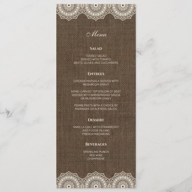 Filipiniana Lace no Burlap Weding Menu Card (Frente)
