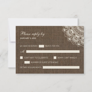 Filipiniana Lace sobre Burlap Weding RSVP Card