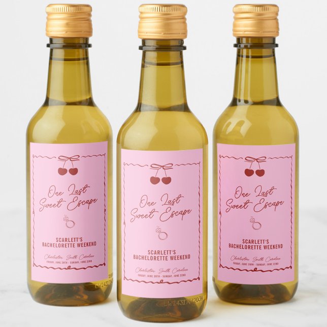Fim de Semana de Despedida de Solteira Cereja Rosa (One Last Sweet Escape mini wine labels, bachelorette party favors, red, pink, personalized, chic)