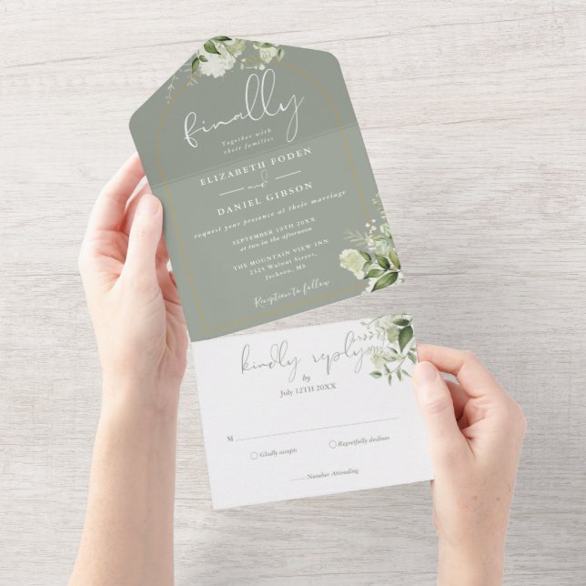Finalmente Convite de Casamento com Verde Sálvia D (Aba destacável)