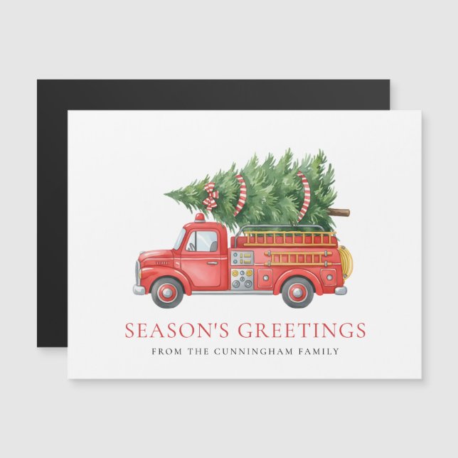 Firefighter Christmas Red Fire Truck Magnetic Card (Frente/Verso)