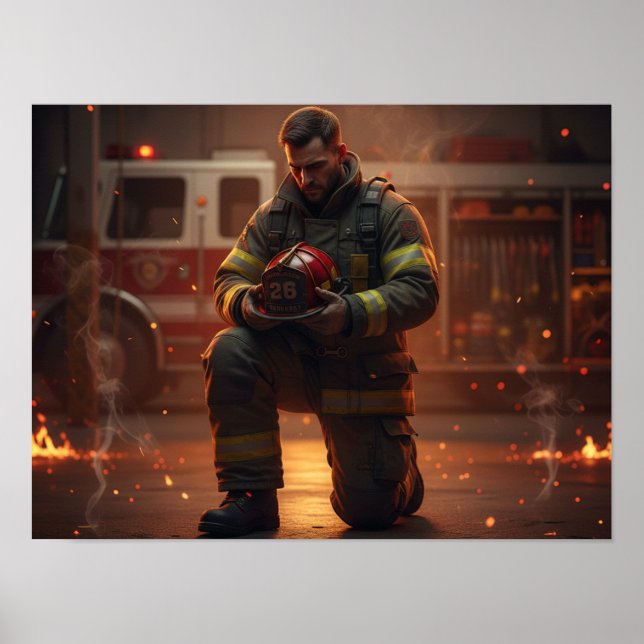 Firefighter Kneeling Tribute Poster (Frente)