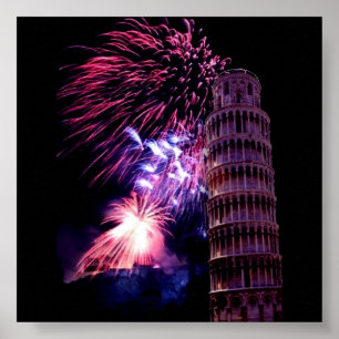 Fireworks lightingTower of Pisa Poster