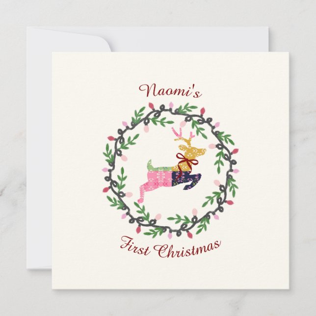 First Christmas Deer with Wreath Customize Card (Frente)