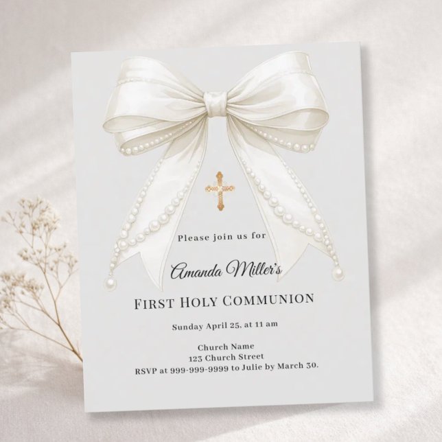 First Communion bow ivory pearls gray invitation (Criador carregado)