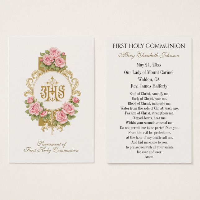 First Communion Catholic Remembrance Holy Card (Frente & Verso)