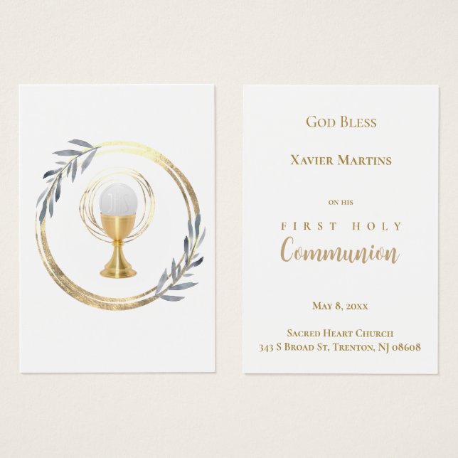 First Communion dusty blue leaves remembrance card (Frente & Verso)