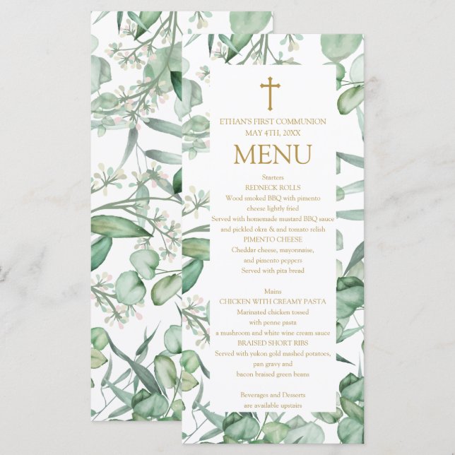 First Communion Eucalyptus leaves Menu  (Frente/Verso)
