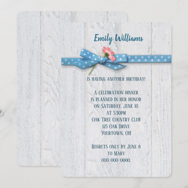 Fita de margarida e bolinhas no convite para o ani (Frente/Verso)