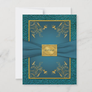 FITA IMPRESSA Cartão de RSVP dourado e azul-turque