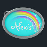 Fivela de cinto do oval do aqua do arco-íris das<br><div class="desc">A fivela de cinto nomeada do arco-íris,  atualmente lê,  Alexis ou personaliza com o nome de sua escolha (até 6 letras somente). Design inspirado de muitos arcos-íris bonitos aqui em Victoria,  Austrália. Artigo projetado exclusivamente por Sarah Trett.</div>