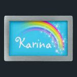Fivela de cinto oval azul brilhante do arco-íris<br><div class="desc">A fivela de cinto nomeada do arco-íris,  atualmente lê,  Karina ou personaliza com o nome de sua escolha (até 6 letras somente). Design inspirado de muitos arcos-íris bonitos aqui em Victoria,  Austrália. Artigo projetado exclusivamente por Sarah Trett.</div>