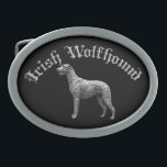 Fivela de cinto redonda do Wolfhound irlandês<br><div class="desc">A fivela de cinto redonda do Wolfhound irlandês.  Esta curvatura usa um fundo preto para destacar o perfil de prata do Wolfhound irlandês.</div>