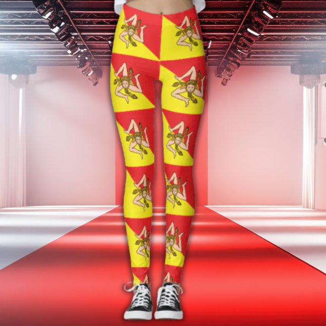 Flag of Sicily All-Over Print Trinacria Leggings (Allover repeat pattern of Flag of Sicily Leggings for Sicilian events and parties)