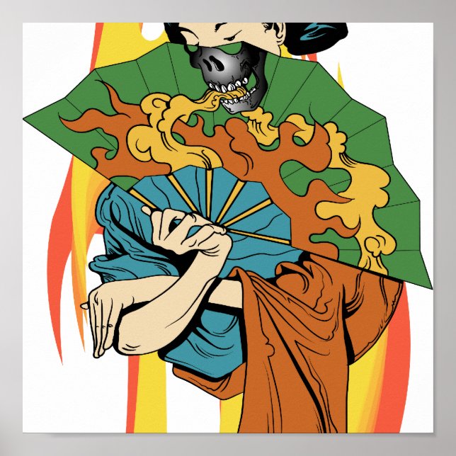 Flame Fire Skull Geisha Impressão (Frente)