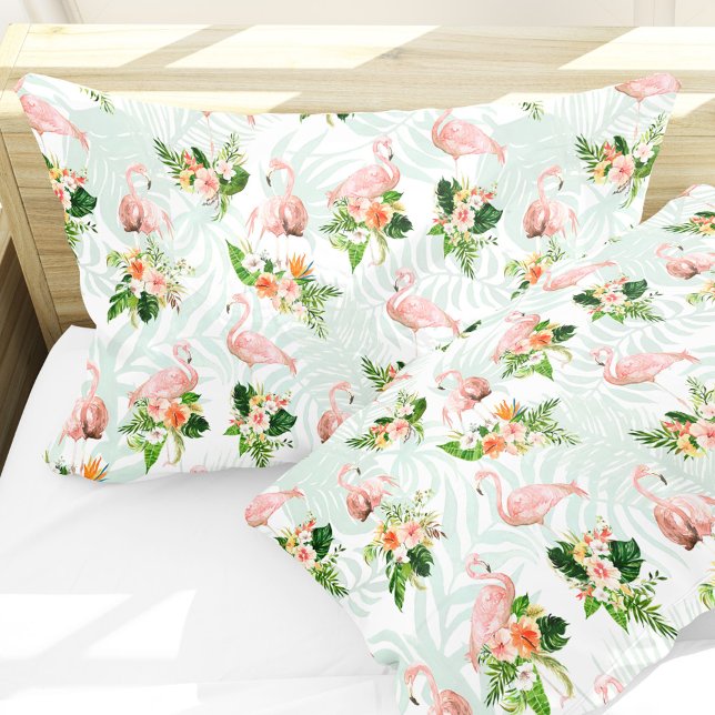 Flamengo Floral Rosa Tropical (Tropical flowers and pink flamingos add a fresh summer vibe to your bedroom.)
