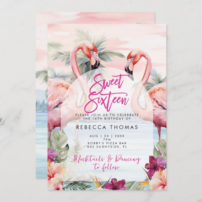 Flamingo Beach, doce 16 convites de festas (Frente/Verso)