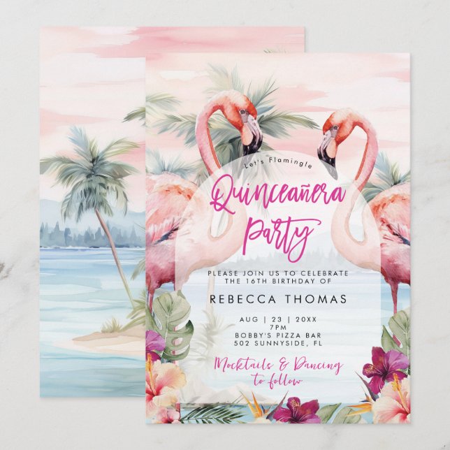 Flamingo Beach Quinceanera convite de festas (Frente/Verso)