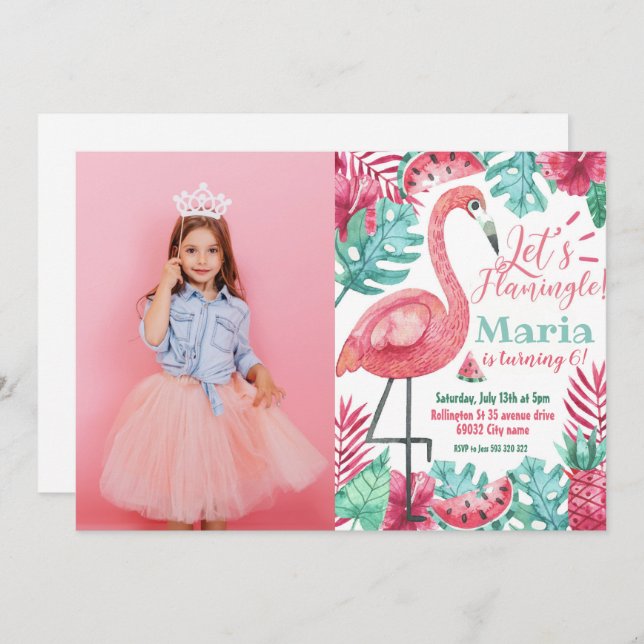 Flamingo Birthday convite Photo Flamingo  (Frente/Verso)