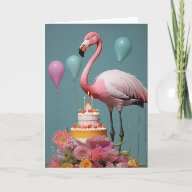 Flamingo com Bolo de Aniversário - Cartão (Frente)