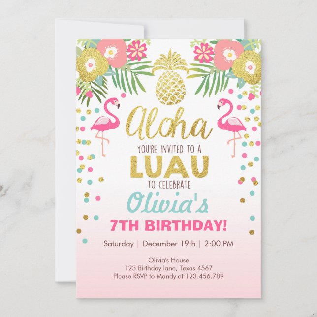Flamingo convite de festas Tropical Birthday luau (Frente)