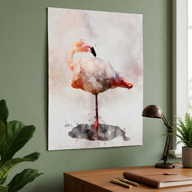Flamingo Rosa em Pé em Impressão de Arte em Aquare (Pink Flamingo Standing in Watercolor Art Print. Poster)