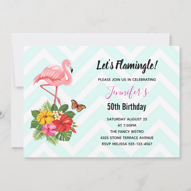 Flamingo Rosa & Hibisco Tropical Convite de Aniver (Frente)
