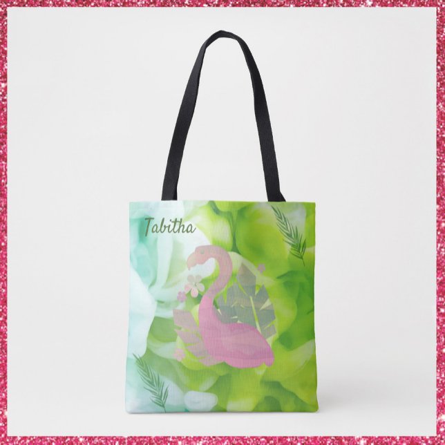 Flamingo Rosa Tropical e Palms Tote Bag (Criador carregado)