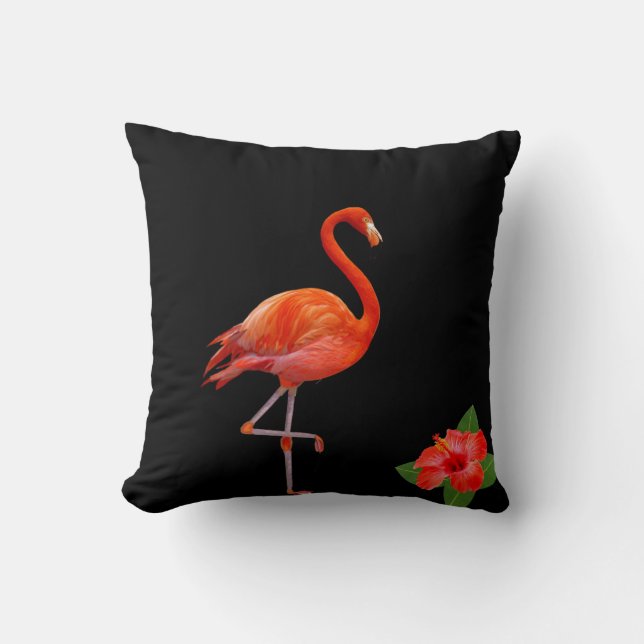 Flamingo Vermelho e Hibisco em Almofada Preta (Frente)