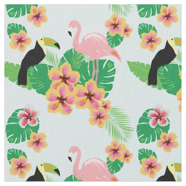 Flamingos cor-de-rosa, Toucans, tecido tropical (Detalhe)