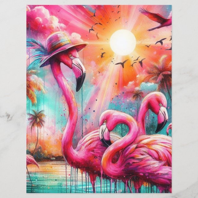 Flamingos cor-de-rosa tropicais Papel de scrapbook (Frente)