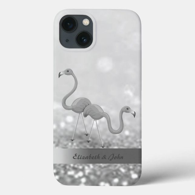 Flamingos Modernos Brilho Prata Bokeh (Verso)