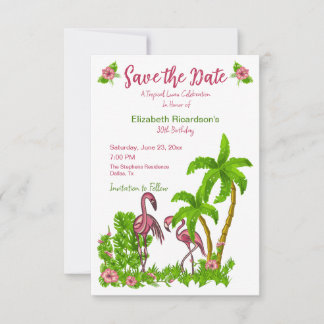 Flamingos Tropicais e Flores Salve a Data Convite