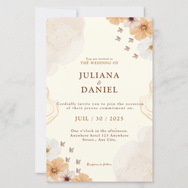Fleur Cream Floral Wedding Invitation with Details (Frente)