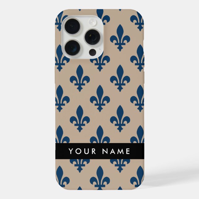Fleur de Lis, Navy Blue on Beige, Royal, Your Name (Verso)