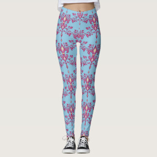Fleur de lis rosa sobre leggings de mulheres azuis