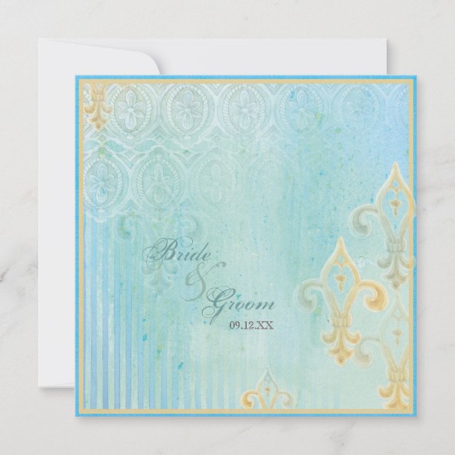 Fleur di Lys Damask 2 Blue - Convite para casament (Frente)