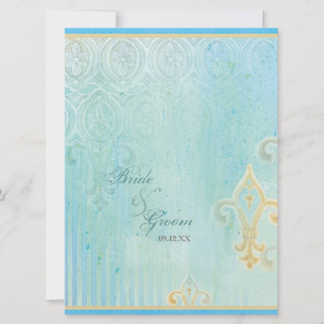 Fleur di Lys Damask 2 Blue - Convite para casament (Frente)