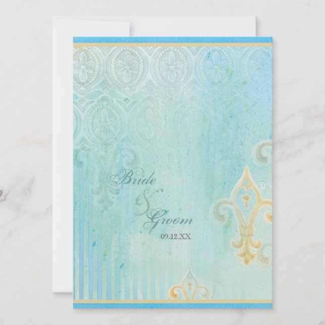Fleur di Lys Damask 2 Blue - Convite para casament (Frente)