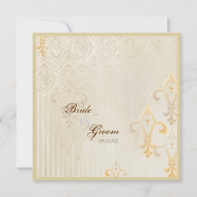 Fleur di Lys Damask 2 Cream Casamento Convite (Frente)