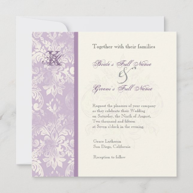 Fleur di Lys Damask - Convite para Casamento Lilac (Frente)