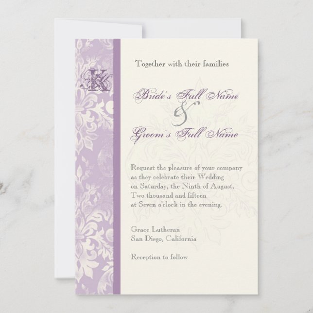 Fleur di Lys Damask - Convite para Casamento Lilac (Frente)