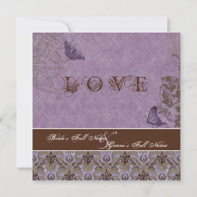 Fleur di Lys Damask - Convite Para Casamento Roxo  (Frente)