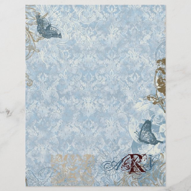 Fleur di Lys Damask vs 2 - Papel de carta monogram (Frente)